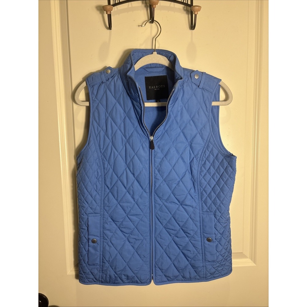 Talbots Blue Diamond Quilted Vest‎ Zip Fleece Lined Medium Petite Coastal Preppy